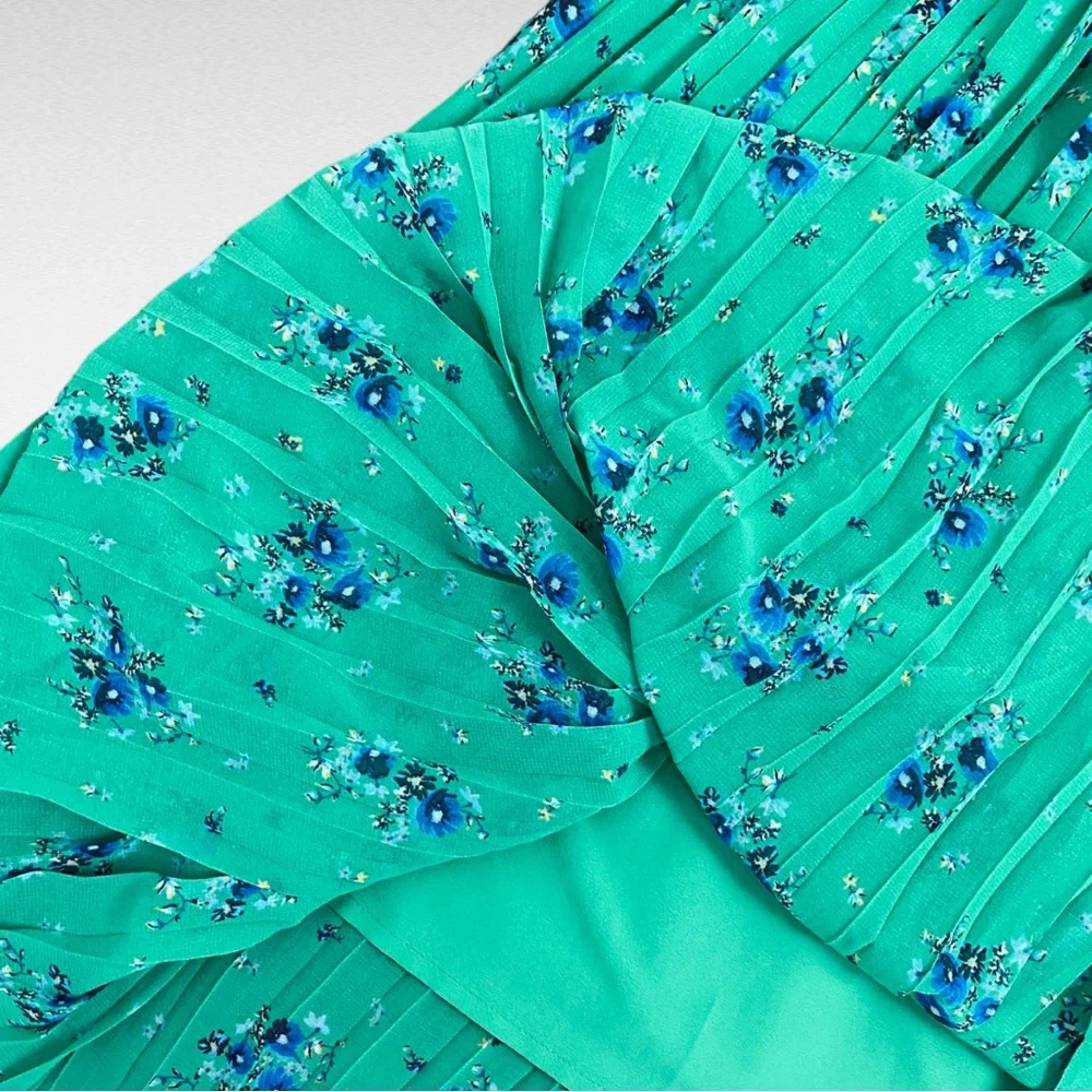 NEXT | Coastal Green Blue Floral Print Pleated High Waist A-Line Midi Skirt